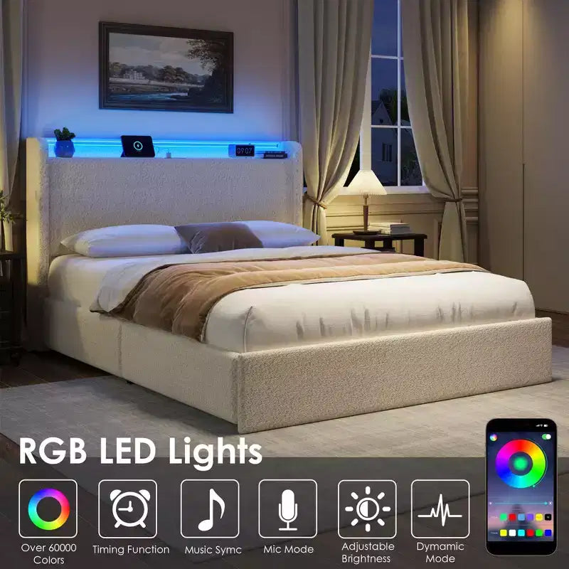 Giroletto Bouclé - Testiera a LED e Stazione di Ricarica, 4 Cassetti Contenitore, Base a Piattaforma con Doghe in Legno, Nessun Box Spring, Crema