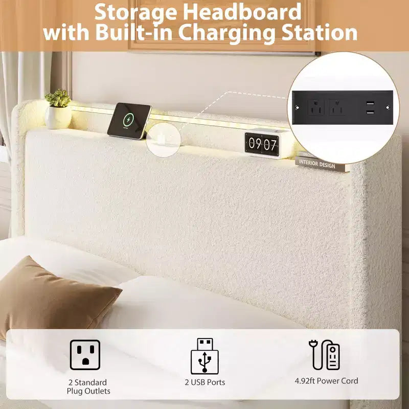 Giroletto Bouclé - Testiera a LED e Stazione di Ricarica, 4 Cassetti Contenitore, Base a Piattaforma con Doghe in Legno, Nessun Box Spring, Crema