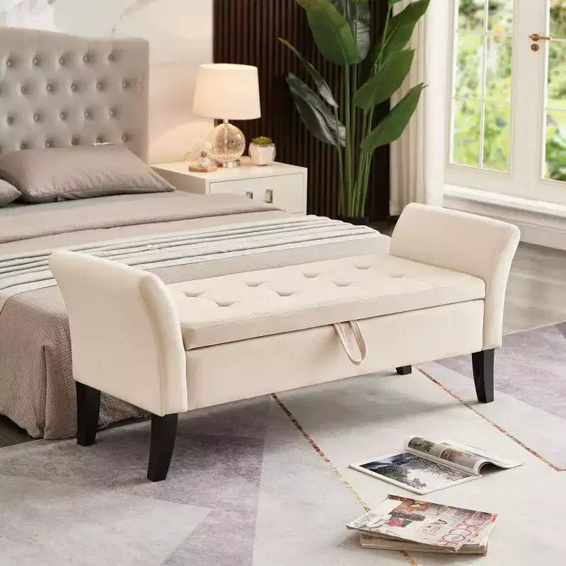 Panca Contenitore in Velluto da 51,5" con Gambe in Legno Massello - Beige