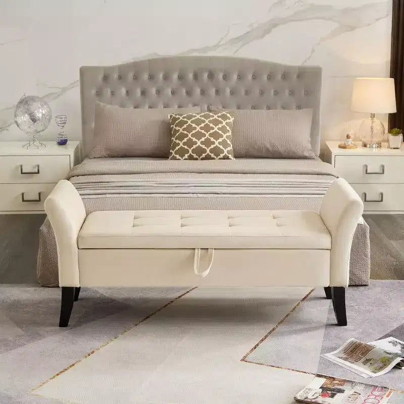 Panca Contenitore in Velluto da 51,5" con Gambe in Legno Massello - Beige