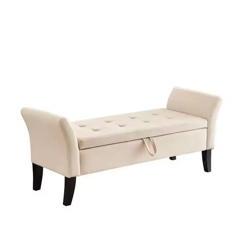 Panca Contenitore in Velluto da 51,5" con Gambe in Legno Massello - Beige