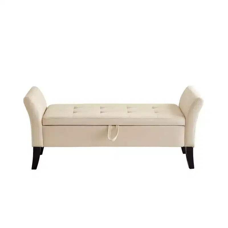 Panca Contenitore in Velluto da 51,5" con Gambe in Legno Massello - Beige