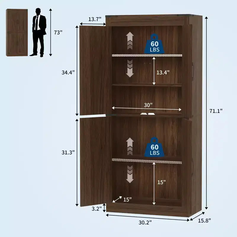 Dispensa da cucina stile rustico alta 180 cm con 4 ante scorrevoli e ripiani regolabili