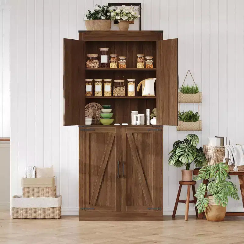 Dispensa da cucina stile rustico alta 180 cm con 4 ante scorrevoli e ripiani regolabili
