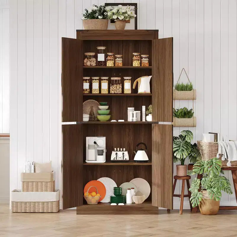 Dispensa da cucina stile rustico alta 180 cm con 4 ante scorrevoli e ripiani regolabili