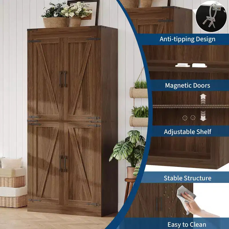 Dispensa da cucina stile rustico alta 180 cm con 4 ante scorrevoli e ripiani regolabili