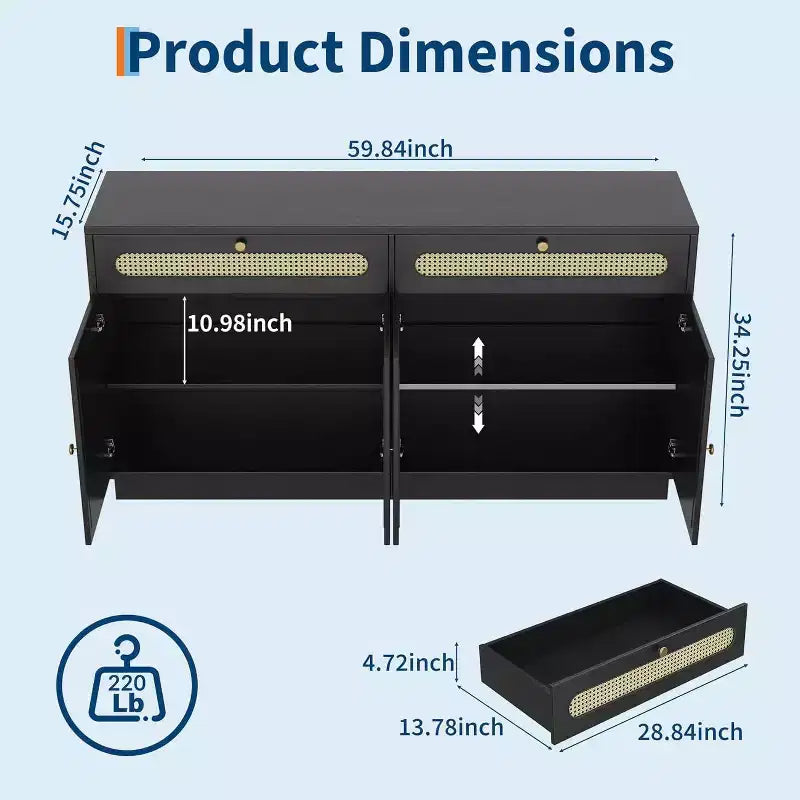 Madia in rattan da 60" con 2 cassetti, 4 ante in rattan e ripiani regolabili
