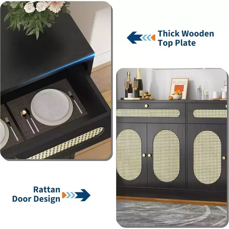 Madia in rattan da 60" con 2 cassetti, 4 ante in rattan e ripiani regolabili