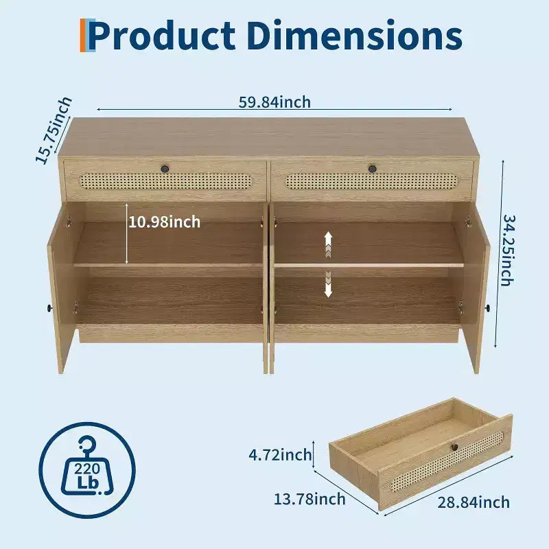 Madia in rattan da 60" con 2 cassetti, 4 ante in rattan e ripiani regolabili