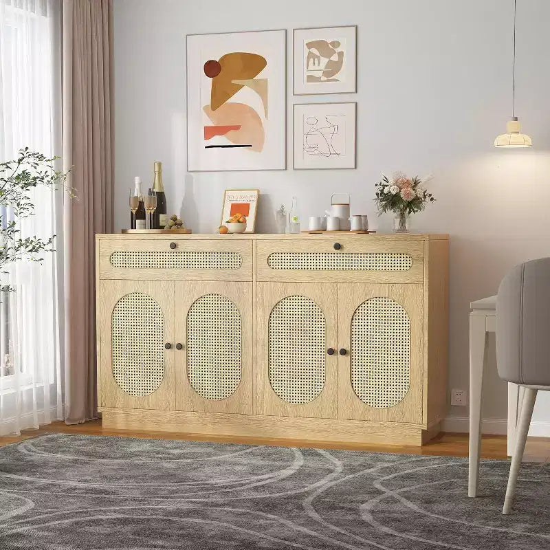 Madia in rattan da 60" con 2 cassetti, 4 ante in rattan e ripiani regolabili