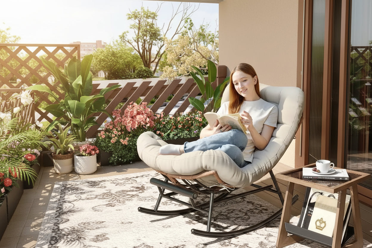 Oversized Rocking Chair with Footrest, Upholstered Lounge Chair with Metal Frame, Patio Reclining Chair for Patio Backyard Bedroom Garden