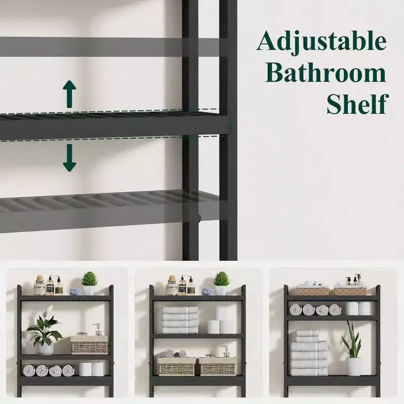 Mobiletto sopra il WC, Organizzatore per Bagno a 3 Ripiani con Mensola Regolabile e 4 Ganci, Nero