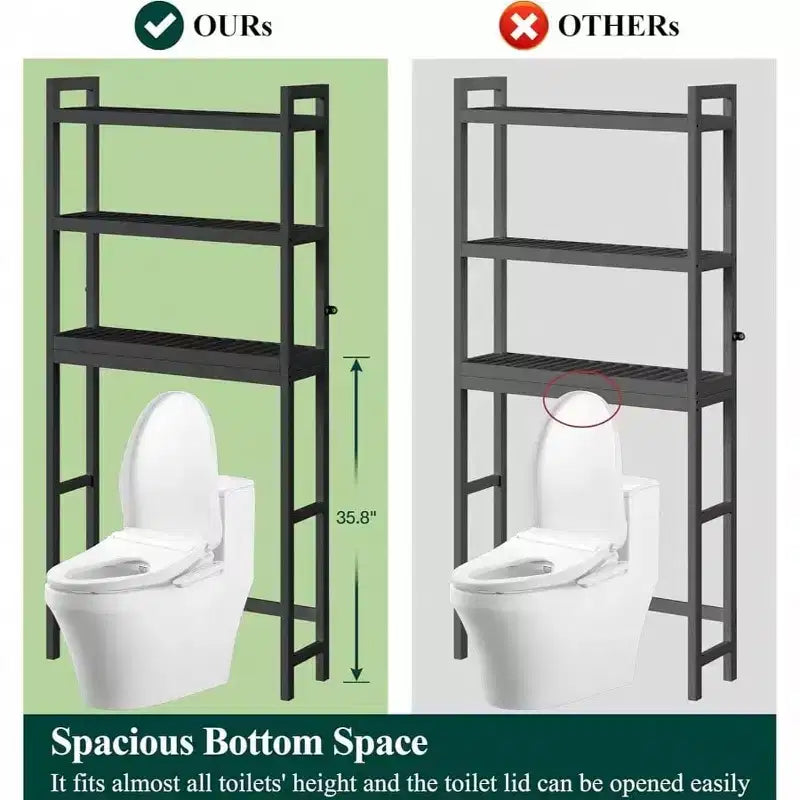 Mobiletto sopra il WC, Organizzatore per Bagno a 3 Ripiani con Mensola Regolabile e 4 Ganci, Nero