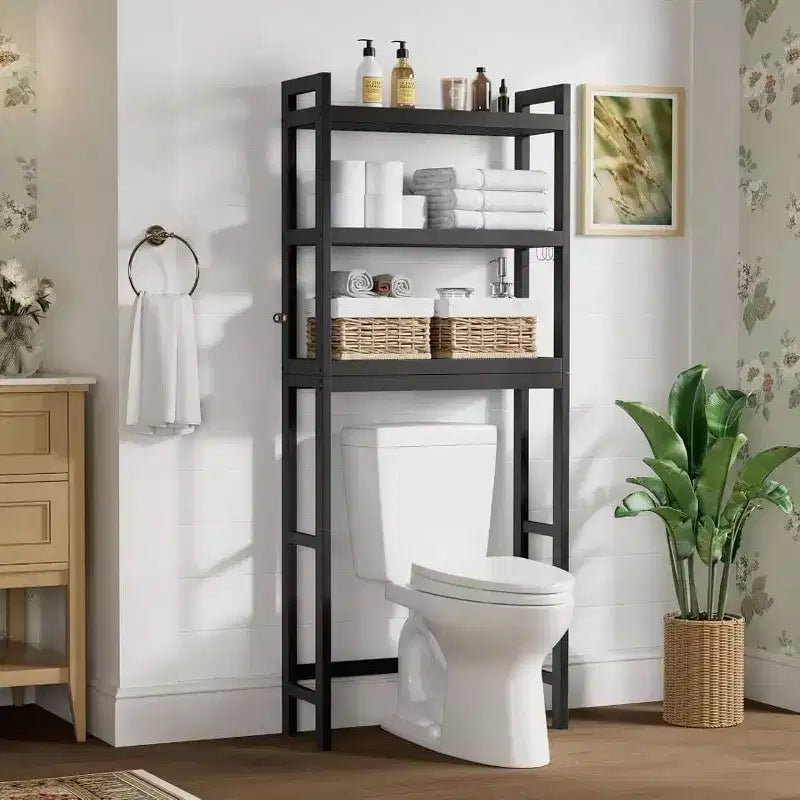 Mobiletto sopra il WC, Organizzatore per Bagno a 3 Ripiani con Mensola Regolabile e 4 Ganci, Nero