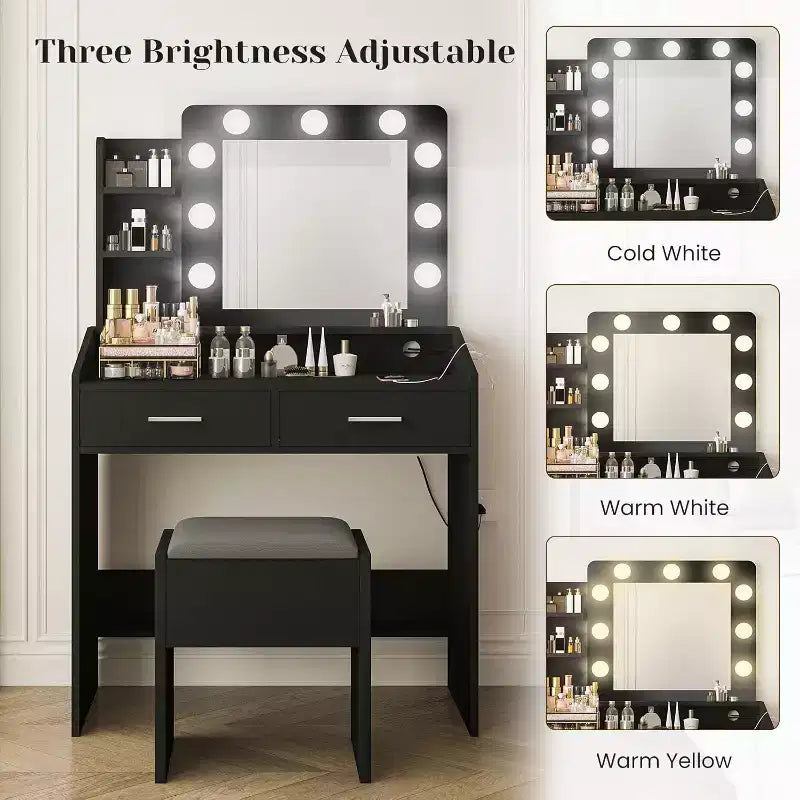Toeletta con Specchio e Luci LED - Bianca, 2 Cassetti, 3 Modalità Luce Dimmerabili