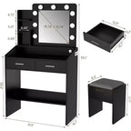 Toeletta con Specchio e Luci LED - Bianca, 2 Cassetti, 3 Modalità Luce Dimmerabili