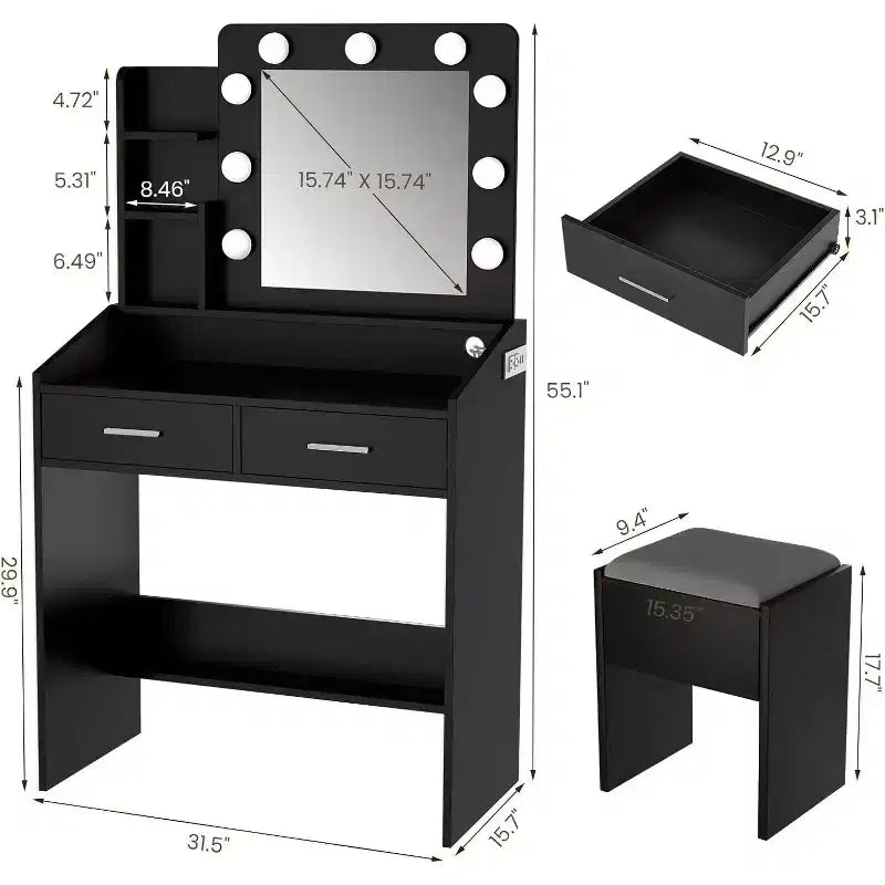 Toeletta con Specchio e Luci LED - Bianca, 2 Cassetti, 3 Modalità Luce Dimmerabili