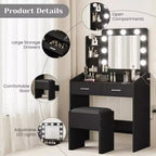 Toeletta con Specchio e Luci LED - Bianca, 2 Cassetti, 3 Modalità Luce Dimmerabili