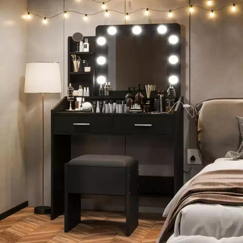 Toeletta con Specchio e Luci LED - Bianca, 2 Cassetti, 3 Modalità Luce Dimmerabili