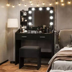 Toeletta con Specchio e Luci LED - Bianca, 2 Cassetti, 3 Modalità Luce Dimmerabili