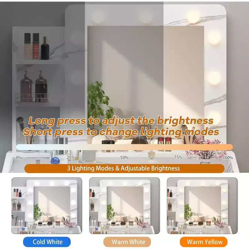 Toeletta con Specchio e Luci LED - Bianca, 2 Cassetti, 3 Modalità Luce Dimmerabili