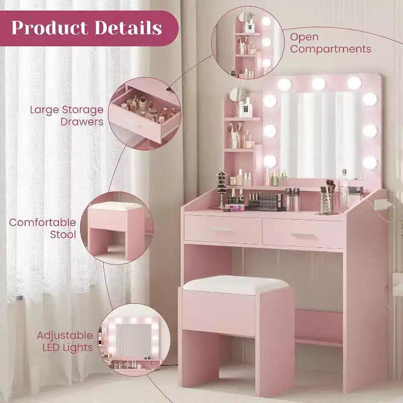 Toeletta con Specchio e Luci LED - Bianca, 2 Cassetti, 3 Modalità Luce Dimmerabili