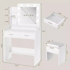 Toeletta con Specchio e Luci LED - Bianca, 2 Cassetti, 3 Modalità Luce Dimmerabili