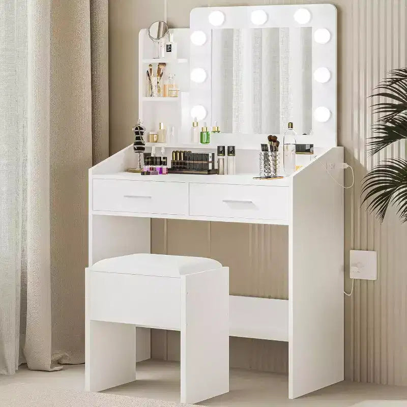 Toeletta con Specchio e Luci LED - Bianca, 2 Cassetti, 3 Modalità Luce Dimmerabili