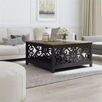 Tavolino da Caffè Quadrato con Pannelli Decorativi Intagliati e Ripiano Inferiore, 88.6 cm