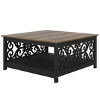 Tavolino da Caffè Quadrato con Pannelli Decorativi Intagliati e Ripiano Inferiore, 88.6 cm