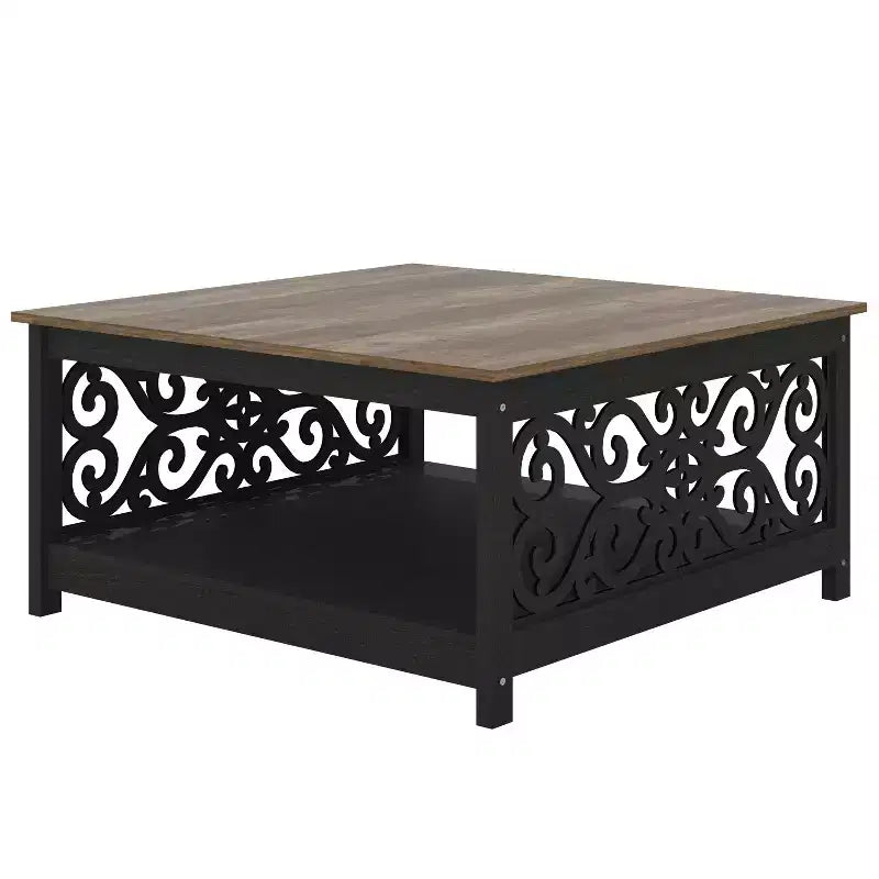 Tavolino da Caffè Quadrato con Pannelli Decorativi Intagliati e Ripiano Inferiore, 88.6 cm