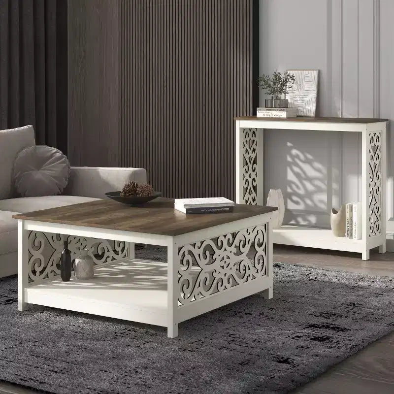 Tavolino da Caffè Quadrato con Pannelli Decorativi Intagliati e Ripiano Inferiore, 88.6 cm