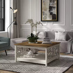 Tavolino da Caffè Quadrato con Pannelli Decorativi Intagliati e Ripiano Inferiore, 88.6 cm