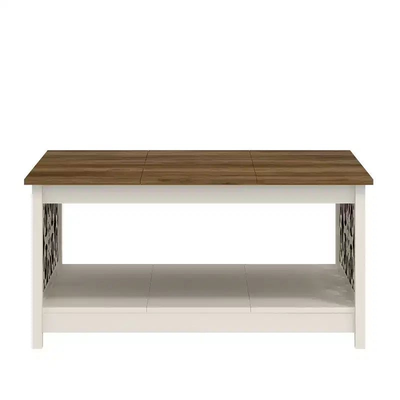 Tavolino da Caffè Quadrato con Pannelli Decorativi Intagliati e Ripiano Inferiore, 88.6 cm