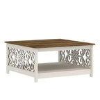 Tavolino da Caffè Quadrato con Pannelli Decorativi Intagliati e Ripiano Inferiore, 88.6 cm