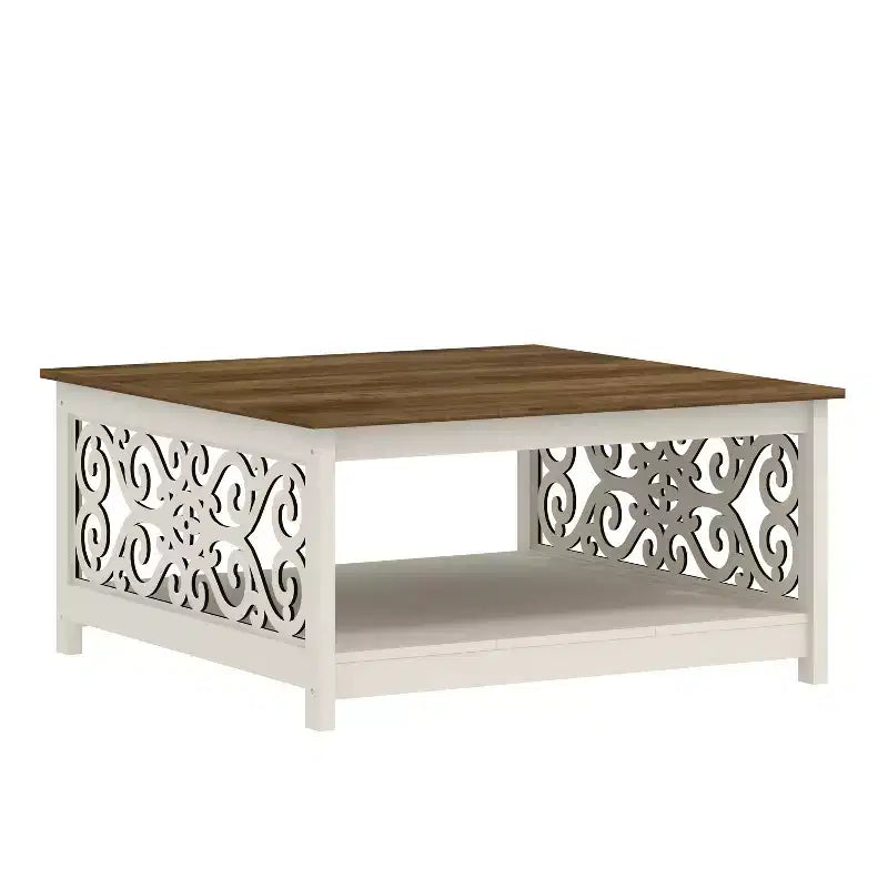 Tavolino da Caffè Quadrato con Pannelli Decorativi Intagliati e Ripiano Inferiore, 88.6 cm