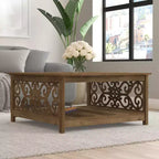 Tavolino da Caffè Quadrato con Pannelli Decorativi Intagliati e Ripiano Inferiore, 88.6 cm