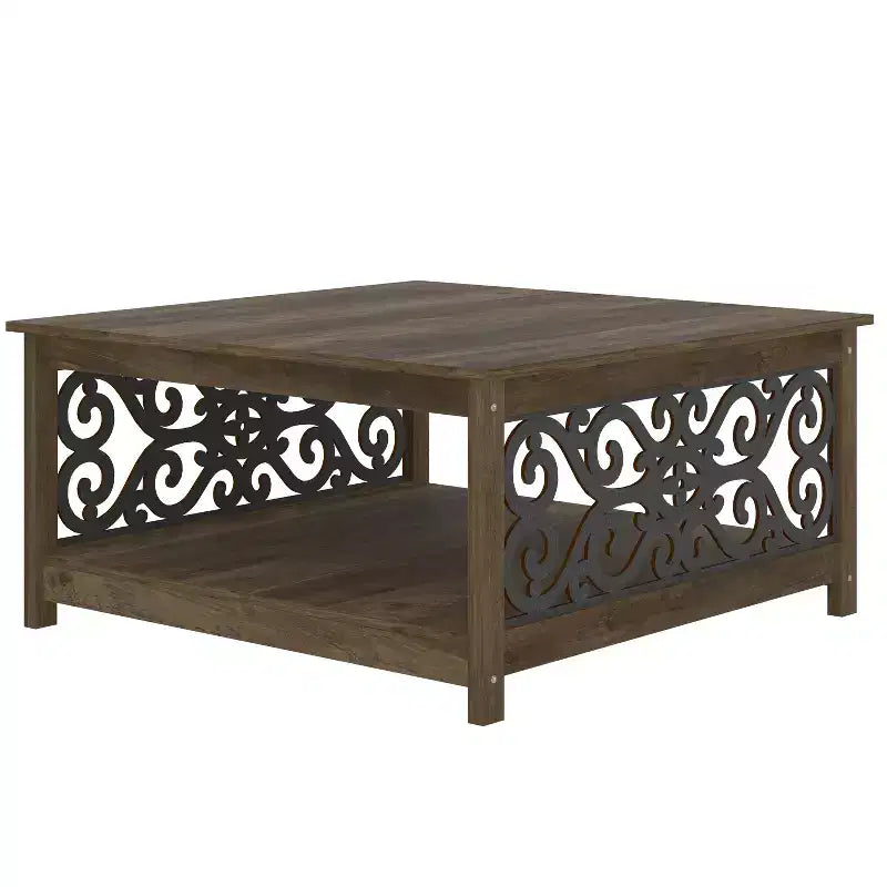 Tavolino da Caffè Quadrato con Pannelli Decorativi Intagliati e Ripiano Inferiore, 88.6 cm