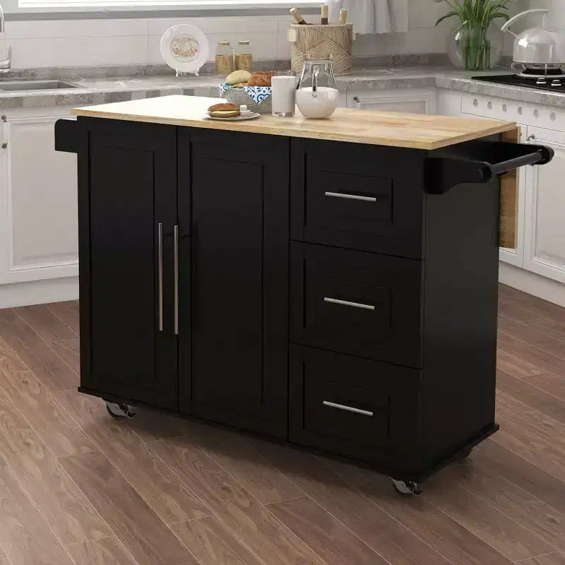 Isola da Cucina Nera con Piano Estensibile in Legno Massello, Porta Spezie e Porta Salviette