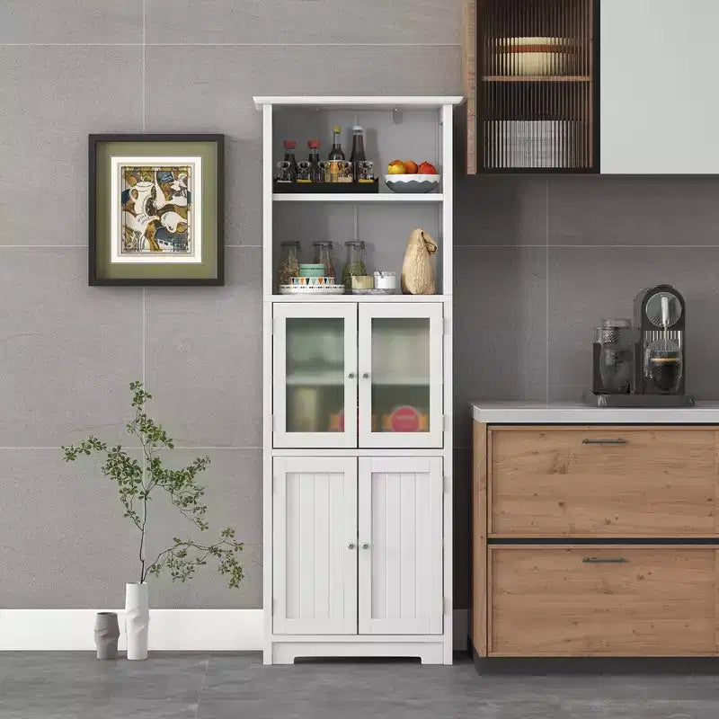 Mobile Alto per Bagno, Torre Portabiancheria con Anta in Vetro e Ripiano Regolabile