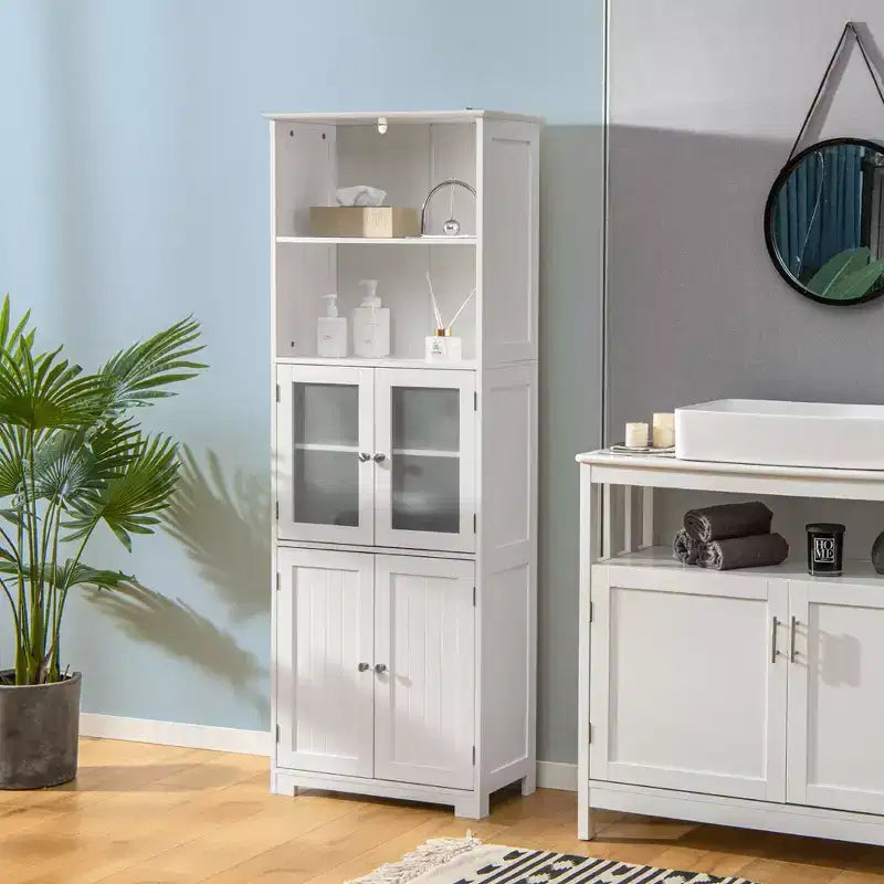 Mobile Alto per Bagno, Torre Portabiancheria con Anta in Vetro e Ripiano Regolabile