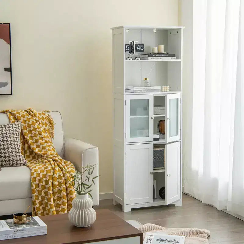 Mobile Alto per Bagno, Torre Portabiancheria con Anta in Vetro e Ripiano Regolabile