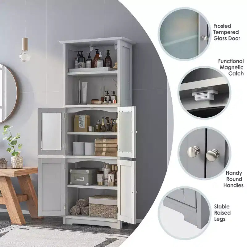 Mobile Alto per Bagno, Torre Portabiancheria con Anta in Vetro e Ripiano Regolabile