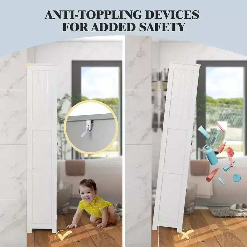 Mobile Alto per Bagno, Torre Portabiancheria con Anta in Vetro e Ripiano Regolabile