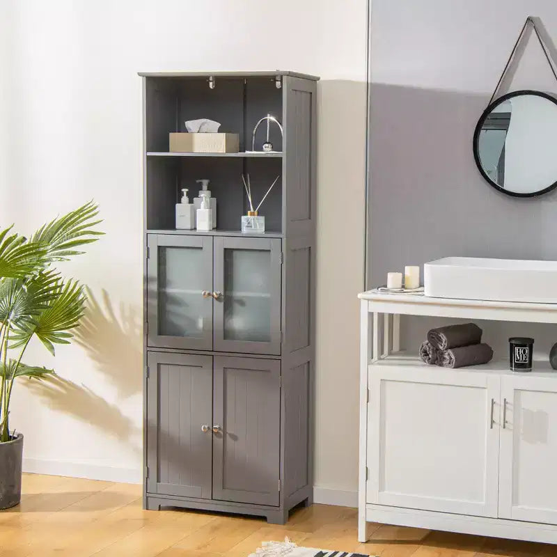 Mobile Alto per Bagno, Torre Portabiancheria con Anta in Vetro e Ripiano Regolabile