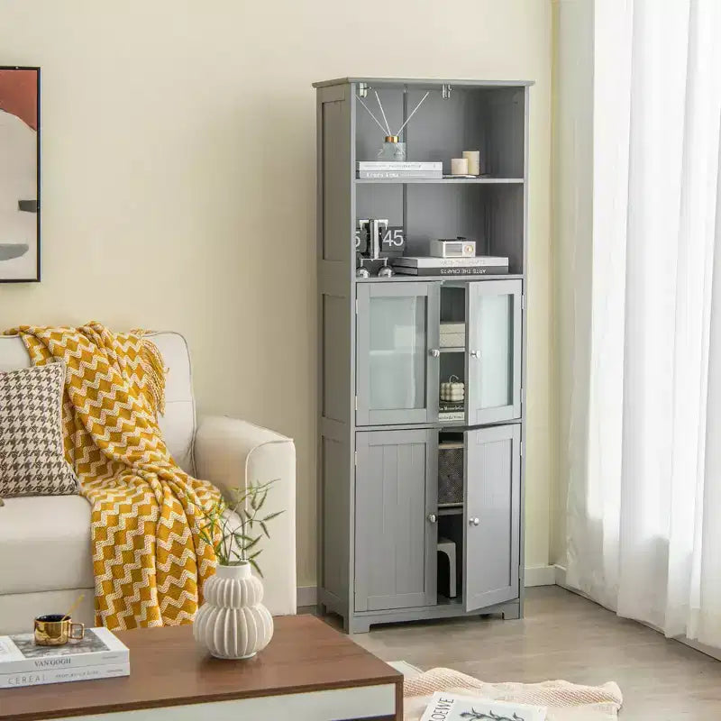 Mobile Alto per Bagno, Torre Portabiancheria con Anta in Vetro e Ripiano Regolabile
