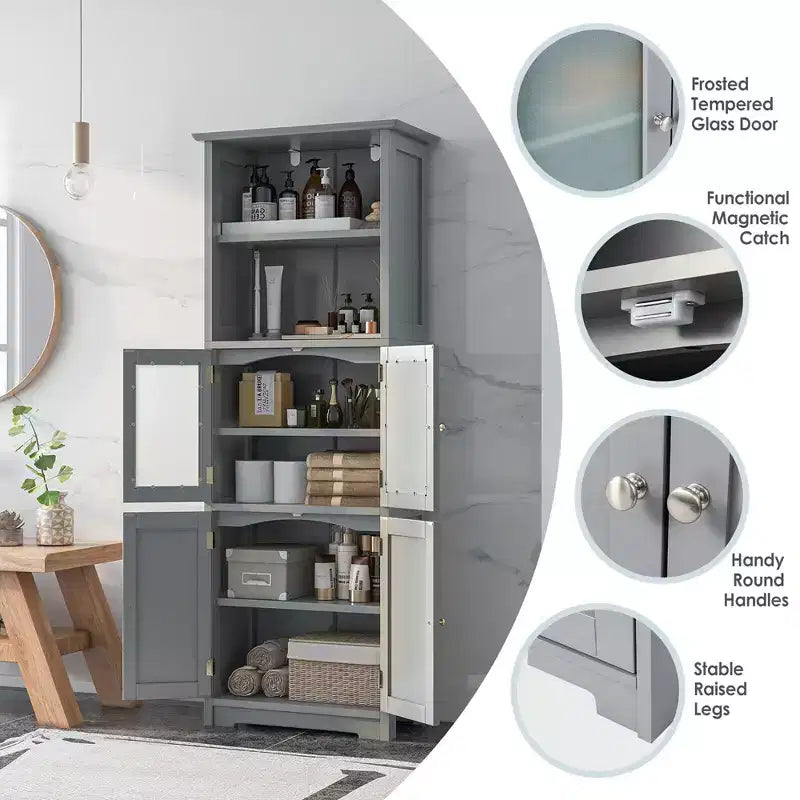 Mobile Alto per Bagno, Torre Portabiancheria con Anta in Vetro e Ripiano Regolabile