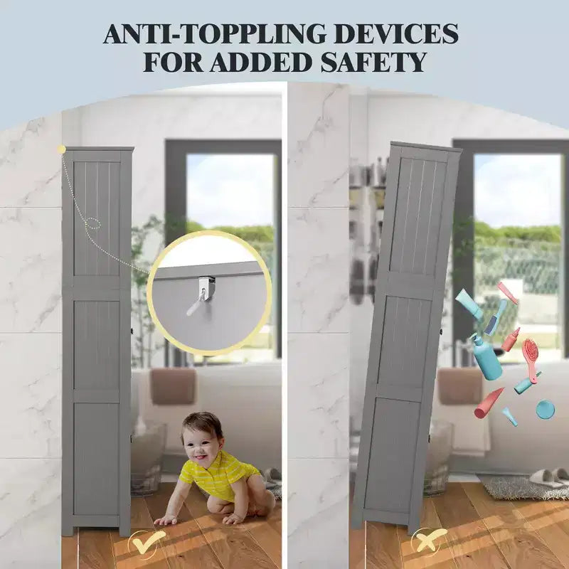 Mobile Alto per Bagno, Torre Portabiancheria con Anta in Vetro e Ripiano Regolabile