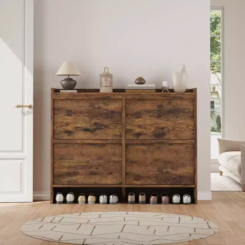 Scarpiera a 4 Ante con Ripiano Regolabile - Mobile Contenitore in Legno per Ingresso e Corridoio