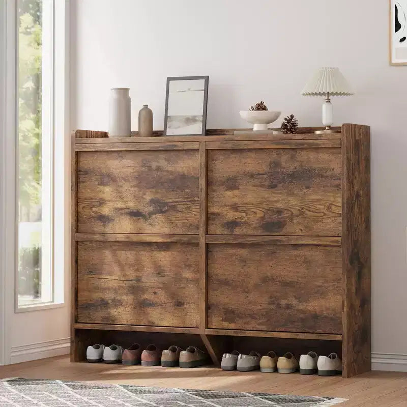 Scarpiera a 4 Ante con Ripiano Regolabile - Mobile Contenitore in Legno per Ingresso e Corridoio